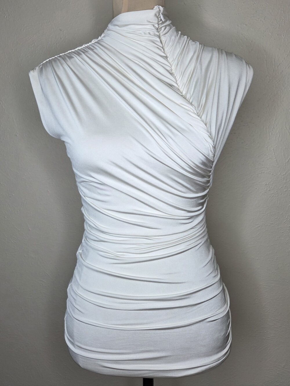 Vintage Y2K bebe Snatched Ruched Mock Neck Bodycon Top Small Ivory USA